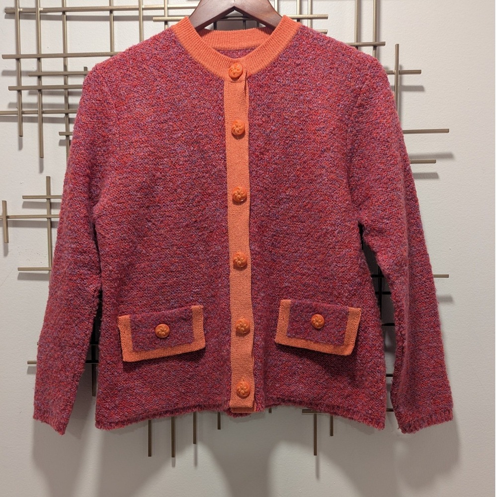 VTG Laura by Alyzia Knit Cardigan Sweater Coral Orange‎ Buttons Women's Preppy
